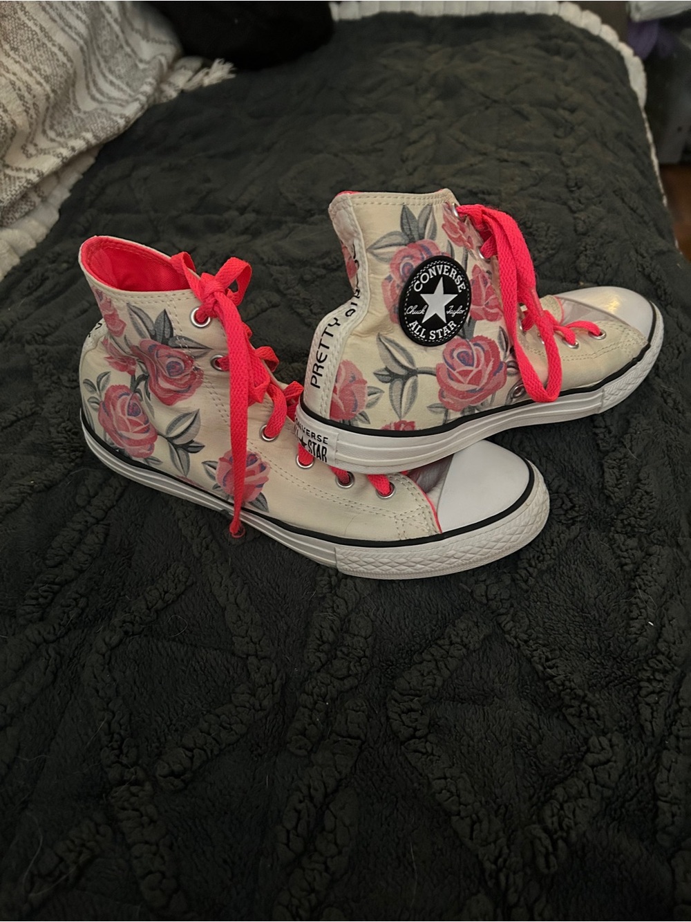 Converse High Top Sneakers in Cream with Pink Rose Print and Hot Pink Laces “